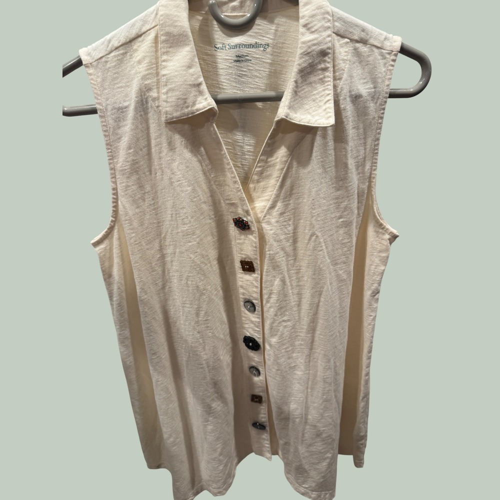 Soft Surroundings Cream Slub Knit Sleeveless Button Down Mixed Button Top Medium